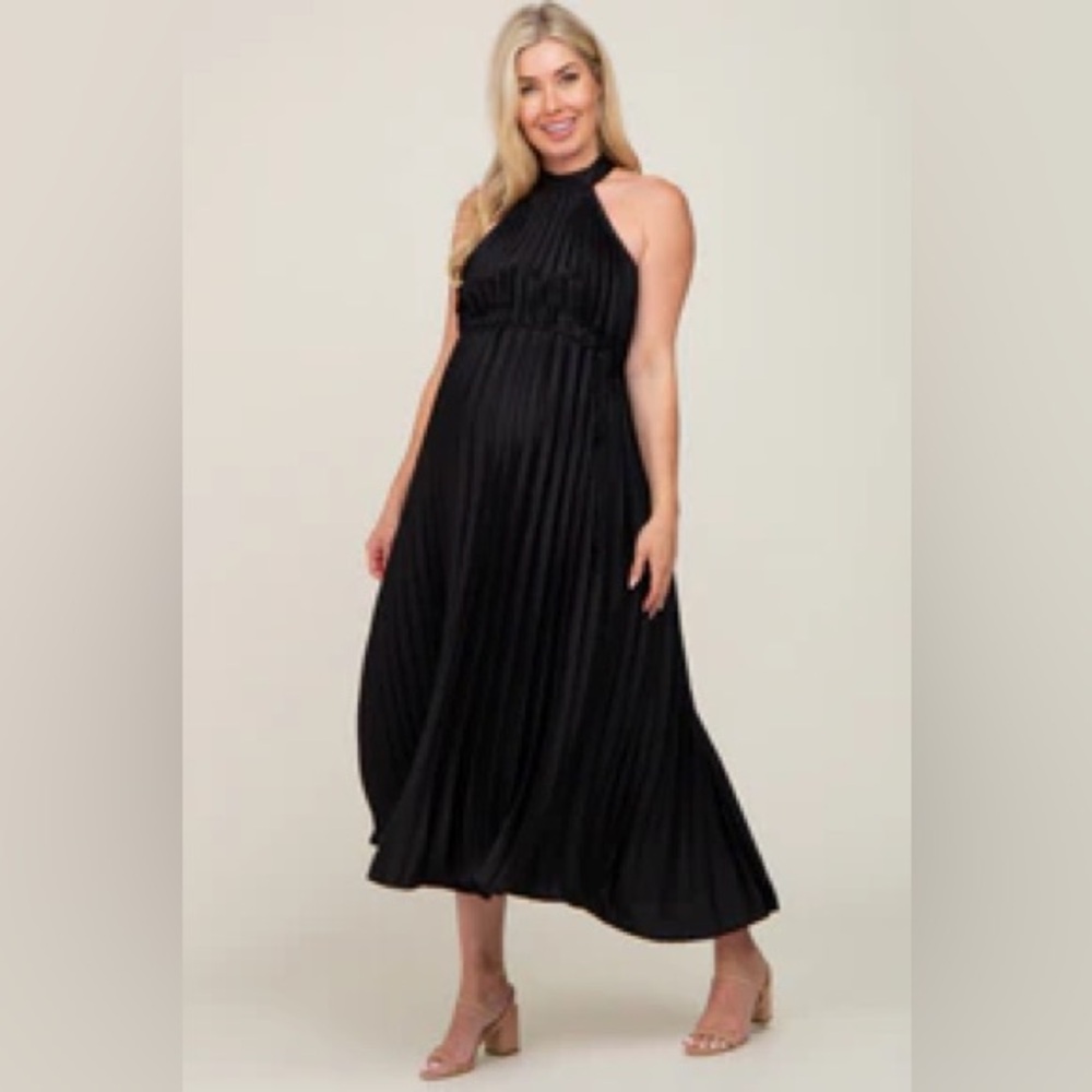 Black Pleated Maternity Halter Dress